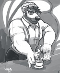 anthro beard beverage biceps big_muscles biped bottomwear clothed clothing ear_piercing eyewear facial_hair fully_clothed fur glasses hair hat headgear headwear holding_object looking_at_viewer male muscular muscular_anthro muscular_male pants pecs piercing pose shirt solo standing topwear wolfyama bear mammal 2013 greyscale monochrome