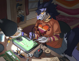 bedroom blue_body blue_fur bottomwear breasts brown_eyes circuit_board claws clothing container cup electronics eyewear female food fur furniture furniture_lamp glasses inside lesbian_pride_colors lgbt_pride pride_colors sandwich_(food) scissors screwdriver shirt shorts sitting soldering_iron solo t-shirt table tools topwear wire conditional_dnp jingo824 sergal hi_res