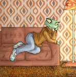 anthro bottomwear carpet clothing denim denim_bottomwear denim_clothing female footwear furniture hand_on_face jeans lamp pants shoes sofa solo sweater topwear turtleneck homo_the_domo amphibian frog