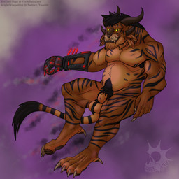 4_ears 6_nipples abstract_background animal_genitalia anthro armpit_hair ball_tuft ballhawk balls belly biceps black_hair black_stripes body_hair claws digitigrade disability fangs feet fully_sheathed fur genitals glowing glowing_eyes grin hair horn looking_at_viewer male multi_ear multi_nipple musclegut muscular muscular_anthro muscular_male navel nipple_piercing nipples nude orange_body orange_fur pawpads pecs piercing prosthetic prosthetic_hand pubes quads sheath smile solo spiky_hair striped_body striped_fur stripes tail technology teeth text toe_claws toes tuft whiskers yellow_eyes zevrant_bapt_(artist) guild_wars marcus_furyclash charr felid mammal 1:1 2023 artist_name colored digital_drawing_(artwork) digital_media_(artwork) hi_res shaded url watermark