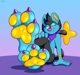 ambiguous_gender anthro claw_polish claws clothing colorful_background crossed_feet feet femboy foot_fetish foot_focus glistening glistening_feet kerchief kerchief_only mostly_nude neckerchief neckerchief_only neckwear pawpads paws sitting sitting_on_ground smile smiling_at_viewer smirk smirking_at_viewer solo toe_claws benjipaws nintendo pokemon twinkle_moondust felid feline generation_4_pokemon lion luxio mammal pantherine pokemon_(species) absurd_res hi_res