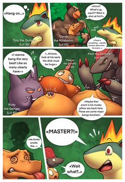 after_transformation anthro anus balls base_three_layout big_balls big_butt biped bite black_body black_fur blockage_(layout) border brown_body brown_skin butt butt_bongos dialogue fingers five_frame_image fur genitals green_background group hand_on_balls horizontal_blockage huge_balls male male/male master nude open_mouth orange_body orange_skin orange_tail purple_body purple_skin red_eyes simple_background speech_bubble spiral spiral_eyes standing tail teeth text three_row_layout tongue tongue_out white_border wings yellow_body yellow_skin doost mythology nintendo pokemon charizard dragon generation_1_pokemon generation_2_pokemon generation_5_pokemon generation_8_pokemon gengar mammal mythological_creature mythological_scalie pokemon_(species) quilava rillaboom scalie scrafty zoroark comic english_text hi_res multiple_scenes