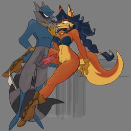 anthro anthro_on_anthro balls bite biting_lip biting_own_lip blue_hair boots bottomless bottomless_anthro bottomless_female bottomless_male breasts cleavage clothed clothing clothing_around_one_leg crop_top duo ear_piercing ear_ring erection female footwear fur genitals gloves grey_body grey_fur hair handwear hat headgear headwear imminent_sex male male/female mask orange_body orange_fur panties panties_around_one_leg panties_down partially_clothed penis piercing ring_piercing self_bite shirt shoes sitting topwear underwear underwear_around_one_leg underwear_down vulva white_clothing white_panties white_underwear luchizz_scary sly_cooper_(series) sony_corporation sony_interactive_entertainment sucker_punch_productions carmelita_fox sly_cooper canid canine fox mammal procyonid raccoon 1:1 2022 hi_res