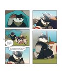 2020 absurd_res anthro bonasiah bottomwear bound clothing comic duo fur grey_body grey_fur hi_res kemono male mammal outside overweight overweight_male pants procyonid quanjiang raccoon robe rocco_(zoohomme) roger_(zoohomme) shorts zoohomme