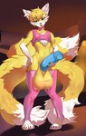 anthro balls big_balls big_penis blue_eyes blue_penis bodily_fluids chest_tuft choker claws clothing crop_top curvy_figure digitigrade femboy fluffy_ears foreskin genitals hair half-closed_eyes hand_on_hip heart_nose heart_symbol holding_penis huge_balls huge_penis jewelry knock-kneed legwear male narrowed_eyes necklace penis pink_choker pink_clothing pink_crop_top pink_jewelry pink_legwear pink_necklace pink_shirt pink_thigh_highs pink_topwear shirt short_hair slim smug smug_face solo squish sweat sweatdrop sweaty_balls sweaty_genitalia thigh_highs thigh_squish tongue tongue_out topwear tuft whiskers yellow_balls karamsina akatosh canid canine fox mammal absurd_res full-length_portrait hi_res huge_filesize portrait
