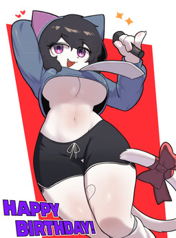 4_fingers accessory anthro band-aid band-aid_on_leg band-aid_on_thigh bandage big_breasts black_bottomwear black_clothing black_hair black_shorts bottomwear bow_ribbon breasts clothed clothed_anthro clothed_female clothing crossgender cute_fangs dolphin_shorts electronics eye_through_hair eyelashes eyelashes_through_hair fangs female female_anthro fingers footwear front_view fur furgonomics geometric_background hair hand_behind_head happy_birthday heart_symbol holding_microphone holding_object hoodie low-angle_view microphone mtf_crossgender navel open_mouth open_smile purple_eyes purple_text ribbons shorts simple_background smile socks solo tail tail_accessory tail_bow tail_ribbon teeth text thick_thighs topwear translucent translucent_hair under_boob whiskers white_body white_fur white_sclera wide_hips furryjuana yeokka domestic_cat felid feline felis mammal 2025 absurd_res digital_media_(artwork) english_text hi_res korean_description portrait three-quarter_portrait