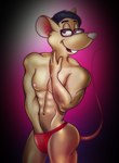 abstract_background anthro clothing eyewear glasses looking_at_viewer male nipples open_mouth solo thong underwear beastar last_week_tonight john_oliver mammal murid murine rat rodent hi_res watermark