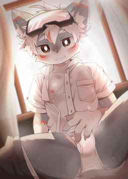 4_fingers adolescent anthro bangs blush blush_lines bodily_fluids bottomwear bottomwear_around_one_leg bottomwear_down briefs brown_eyes bulge claws clothed clothing clothing_around_one_leg collared_shirt countershade_face countershade_torso countershading curtains dipstick_ears dress_shirt dutch_angle ear_markings eyebrows eyewear eyewear_on_head fangs finger_claws fingers fur gloves_(marking) goggles goggles_on_head grey_body grey_fur grin hair hair_between_eyes inner_ear_fluff inside kemono looking_at_viewer low-angle_view male markings multicolored_ears nipples open_clothing open_shirt open_topwear pants pants_around_one_leg pawpads pink_nipples pupils red_markings shirt sitting smile solo spread_legs spreading sweat sweatdrop sweaty_legs tail teeth topwear tuft unbuttoned_shirt underwear white_body white_clothing white_countershading white_eyebrows white_fur white_hair white_inner_ear_fluff white_pupils white_shirt white_topwear window young young_anthro young_male eisuke_art canid canine mammal 2025 absurd_res digital_media_(artwork) hi_res