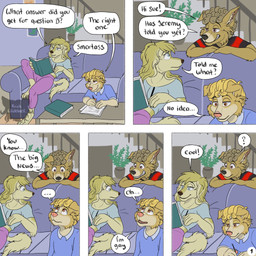 anthro barefoot blonde_hair blue_eyes book bottomwear brown_eyes clothed clothing crop_top curly_hair dialogue ellipsis eye_contact feet female five_frame_image fur furniture group hair holding_book holding_object holding_pencil inside living_room logo looking_at_another lounging male on_sofa page_number pants pattern_clothing pattern_shirt pattern_topwear pencil_(object) shirt smile smirk sofa speech_bubble stated_homosexuality stated_sexuality striped_clothing striped_shirt striped_topwear stripes studying text topwear trio writing_text yellow_body yellow_fur kriek_wildebeest boris_(kriek_wildebeest) jeremy_(kriek_wildebeest) sue_(kriek_wildebeest) border_collie canid canine canis collie domestic_dog herding_dog hunting_dog mammal pastoral_dog saluki sheepdog sighthound 1:1 artist_logo comic english_text hi_res