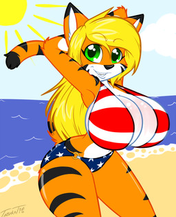 anthro beach big_breasts bikini breasts clothing female hair huge_breasts seaside smile solo sun swimwear two-piece_swimsuit tabykat tabytha_starling felid mammal pantherine tiger hi_res