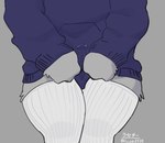 anthro blue_clothing bodily_fluids clothing clothing_pull fur genital_fluids grey_body grey_fur grip leaking_precum legwear male precum precum_through_clothing solo thick_thighs thigh_highs wet wet_clothing rasetaa lasseter_(rasetaa) canid canine canis mammal wolf watermark