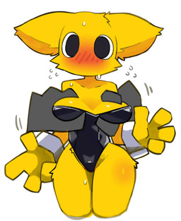 anthro anthro_focus big_breasts biped black_clothing black_leotard blush blush_lines breast_fondling breast_grab breast_play breasts cheek_tuft clothed clothed_anthro clothed_female clothing cuffs_(clothing) curvy_figure disembodied_hand duo facial_tuft female female_anthro female_focus fondling front_view fur fur_tuft hand_on_breast leotard monotone_body monotone_fur mouthless round_eyes simple_background solo_focus sweat_emanata thick_thighs tuft white_background wide_hipped_anthro wide_hipped_female wide_hips yellow_body yellow_fur pizademokttero unknown_species 2026 digital_drawing_(artwork) digital_media_(artwork) hi_res shaded soft_shading