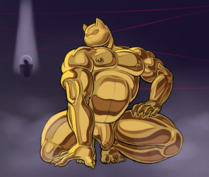 anthro bulge clothing crouching detailed_bulge genital_outline gold_latex hand_on_leg hand_on_thigh laser latex latex_clothing latex_mask latex_skinsuit male mask muscular muscular_male nipple_outline penis_outline skinsuit smoke smoke_cloud solo tight_clothing owy meowdas felid feline mammal hi_res