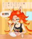 5_fingers anthro biped blush bodily_fluids clothed clothing collar eating female fingers food fur hair long_hair noodles orange_hair ramen shirt solo sweat tan_body tan_fur tank_top thought_bubble topwear kinarikaho dislyte lilith_games adrina_(dislyte) canid canine fox mammal 2023 hi_res