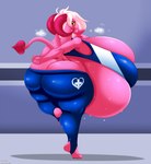 big_breasts big_butt bodily_fluids breasts bulging_breasts butt clothing exercise female huge_breasts huge_butt hyper hyper_breasts not_furry on_one_leg pink_body pink_skin solo spade_tail standing sweat tail tight_clothing cornchip21 mr.pink temp_the_imp demon imp 2021 absurd_res hi_res