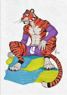 anthro armwear athletic athletic_anthro athletic_male black_claws blue_eyes bulge claws clothed clothing facial_markings front_view fur head_markings male male_anthro markings mouth_closed purple_armwear purple_clothing simple_background sitting solo striped_body striped_face striped_fur striped_legs striped_markings striped_tail stripes tail tail_markings toe_claws topless whiskers white_background hufnaar felid mammal pantherine tiger hi_res