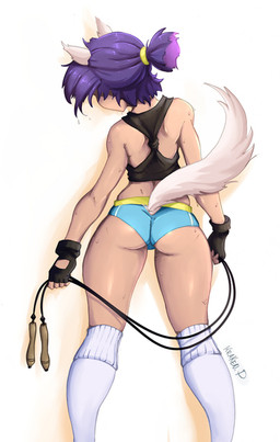 bodily_fluids bottomwear bra butt clothed clothing exercise female fluffy fluffy_tail gloves hair handwear hotpants jump_rope leggings legwear midriff purple_hair shorts simple_background solo sports_bra sports_panties sweat tail text underwear workout workout_clothing krakenparty nova_(krakenparty) animal_humanoid canid canid_humanoid canine canine_humanoid humanoid mammal mammal_humanoid wolf_humanoid 2017 english_text signature traditional_media_(artwork)