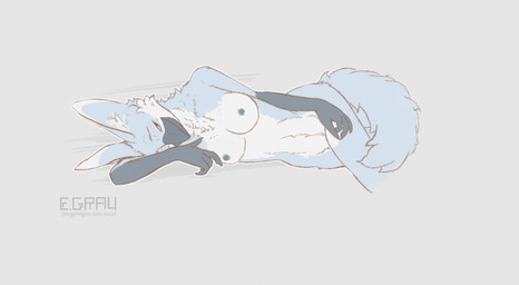 anthro blue_body blue_fur breasts fur herm intersex lying nude on_side solo tasteful_nudity white_body white_fur yellow_eyes e_grau tori_(ruaidri) avian canid canine fox hybrid mammal colored_sketch hi_res sketch watermark