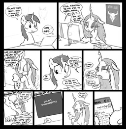book camera cellphone computer dialogue duo electronics ellipsis exclamation_point female feral frown hair horn laptop long_hair looking_away male open_mouth open_smile phone question_mark smartphone smile sound_effects text video_call webcam shoutingisfun friendship_is_magic hasbro my_little_pony mythology queen_chrysalis_(mlp) shining_armor_(mlp) arthropod changeling_(mlp) equid equine mammal mythological_creature mythological_equine unicorn 2016 comic english_text hi_res monochrome