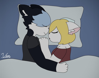 anthro bed bedding black_body black_fur blanket blonde_hair blue_hair cuddling duo female fur furniture hair male male/female romantic romantic_couple sleeping white_body white_fur cleo_teralis_(verxatious) holly_(ven) domestic_cat felid feline felis mammal tuxedo_cat absurd_res hi_res