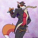 abstract_background alternate_species anthro chain clothed clothing fur furrification gesture gold_(metal) gold_chain hand_gesture hat headgear headwear jacket male orange_body orange_fur pointing simple_background solo tail topwear cxeroannuki jojo's_bizarre_adventure jotaro_kujo canid canine fox mammal 1:1 hi_res