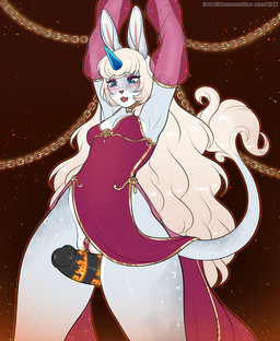 anthro biped black_penis blonde_hair blue_eyes blush breasts chain clitoral_hood clothed clothing duo erection eyelashes female female_focus genitals hair horn long_hair male no_underwear open_mouth penis pink_nose pink_vulva pussyjob raised_arms sex text vulva kitsunewaffles-chan faelyn_(xxhericide) lagomorph mammal 2022 artist_name dated digital_media_(artwork) hi_res