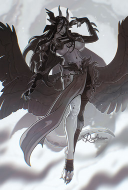 anthro armor big_breasts breasts dark_hair dark_lips ear_piercing ear_ring fangs female hair head_wings horn long_ears long_hair looking_at_viewer markings multi_wing piercing pose ring_piercing solo spots spotted_body teeth text unusual_wing_placement waist wide_hips wings road~abelgeym hi_res pinup url
