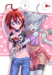 alternative_fashion anthro apple clothed clothing collar duo female food fruit fur grey_body grey_fur heart_symbol midriff plant punk tail jumpyneko domestic_cat felid feline felis lagomorph leporid mammal rabbit