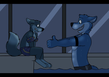 3_toes 4_toes age_difference anthro black_bars black_nose blue_body blue_fur blue_hair blue_tail bottomwear cheek_tuft chest_tuft clenched_teeth clothed clothing countershade_face countershade_torso countershading dipstick_tail duo ears_back eyebrows facial_tuft feet flotation_device fur green_eyes grey_body grey_fur grey_hair grey_tail hair inflatable inflatable_armbands larger_male male markings multicolored_body multicolored_fur multicolored_tail older_male open_mouth open_smile pivoted_ears pool_float scared short_hair shorts side_view sitting size_difference smaller_male smile standing swimming_pool tail tail_markings teeth toes topless tuft two_tone_body two_tone_fur two_tone_tail water young younger_male rotten_robbie junior_(rotten_robbie) robbie_(rotten_robbie) canid canine canis mammal wolf digital_media_(artwork) hi_res nephew_(lore) uncle_(lore) uncle_and_nephew_(lore)