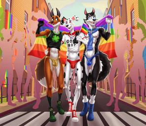 aged_up anthro anthrofied balls balls_outline blush bulge clothed clothing collar crop_top crowd detailed_bulge flaccid flag flag_(object) footwear fur genital_outline genitals group holding_flag holding_object lgbt_pride male midriff navel nipples open_mouth outside penis penis_outline pride_color_flag pride_colors pride_parade public rainbow_flag rainbow_pride_colors rainbow_symbol scarf shirt shoes smile spots standing tail teeth text text_on_clothing text_on_shirt text_on_topwear thong topless topless_anthro topless_male topwear underwear dal101strefan 101_dalmatian_street 101_dalmatians disney dylan_(101_dalmatians) fergus_(101_dalmatians) hansel_(101_dalmatians) canid canine canis dalmatian domestic_dog fox husky mammal nordic_sled_dog spitz digital_media_(artwork) english_text hi_res