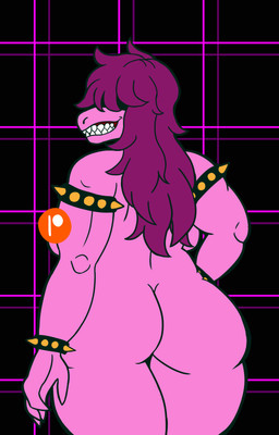 alternate_color alternate_costume anthro back_boob bared_teeth big_breasts big_butt bracelet breasts butt butt_focus female geometric_background grid_background hair hair_over_eye jewelry long_hair looking_at_viewer looking_back magenta_hair messy_hair muscular muscular_female nude nude_anthro nude_female patreon_username pattern_background pink_body sharp_teeth simple_background smile smirk solo spiked_bracelet spikes teeth text y_shaped_butt_crack boobfan06 deltarune patreon undertale_(series) susie_(deltarune) scalie 2025 artist_name censored flat_colors hi_res preview uncensored_version_at_paywall