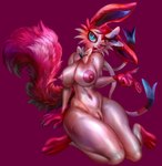 anthro anthrofied areola blue_eyes blush bow_(feature) bow_ribbon bow_tie breasts cheek_tuft eyebrows eyelashes facial_tuft fangs female fluffy fluffy_tail fur genitals nipples nude nude_anthro nude_female one_eye_closed open_mouth pink_areola pink_nipples pink_tail pokemorph pussy ribbons simple_background smile solo tail teeth tuft white_body white_fur wink d685ab7f nintendo pokemon aurora_sylveon eeveelution generation_6_pokemon pokemon_(species) sylveon 2024 absurd_res hi_res