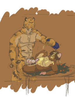 anthro balls belly bottle brown_background brown_body brown_fur brown_hair container cooking_oil duo erection eyes_closed fur furniture garnish genitals hair humanoid_genitalia humanoid_penis imminent_sex imminent_vore lying male male/male muscular navel nipples nude_anthro nude_male oil oil_covered on_back orange_body orange_fur overweight penis pepper_grinder pink_nipples pink_penis predator/prey questionable_consent simple_background size_difference smile standing striped_body stripes table tail toothy_smile jeri_kleinlowe felid mammal mouse murid murine pantherine rodent tiger 2010 colored_sketch guide_lines sketch