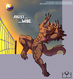 abs animal_genitalia anthro balls dreadlocks fully_sheathed genitals jumping looking_at_object male muscular muscular_anthro muscular_male net sheath simple_background solo sport text three-quarter_view volleyball volleyball_net errokioslem canid canine canis domestic_dog mammal english_text full-length_portrait hi_res portrait url