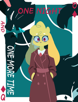 anthro black_body blank_stare bow_tie breasts card clothed clothing coat duo female female/female front_view fully_clothed fur hand_in_pocket looking_at_viewer necktie playing_card pockets queen_of_diamonds rear_view red_eyes small_breasts smile standing text topwear trenchcoat yellow_body hydrabb domestic_cat felid feline felis lagomorph leporid mammal rabbit comic cover cover_art cover_page digital_media_(artwork) english_text hi_res