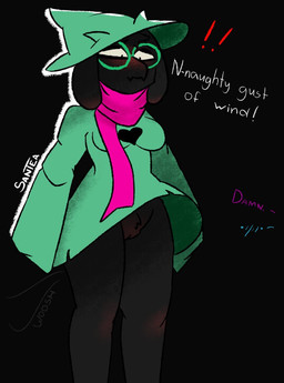 anthro black_body black_fur blush bottomless clothed clothing crossgender dialogue embarrassed exclamation_point eyewear female fur genitals glasses green_clothing mtf_crossgender no_underwear pink_scarf scarf solo text upskirt vulva wind santea deltarune undertale_(series) ralsei bovid caprine darkner goat mammal english_text