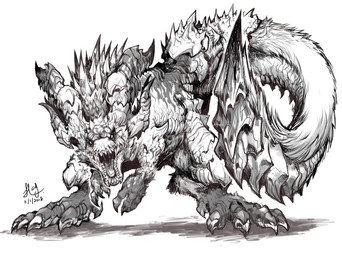4_horns 5_toes ambiguous_gender bodily_fluids claws dark_body dark_fur dark_scales facial_markings fangs feet feral finger_claws forehead_markings fur fur_and_scales furry_tail head_horn head_markings head_spikes horn light_body light_fur light_scales looking_at_viewer markings multi_horn open_mouth saliva scales simple_background simple_eyes solo spiked_tail spikes spikes_(anatomy) standing tail teeth toe_claws toes tongue_showing white_background chiayeeee unknown_species 2018 dated digital_drawing_(artwork) digital_media_(artwork) full-length_portrait hi_res monochrome portrait signature
