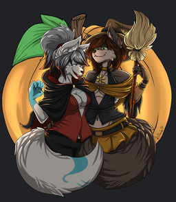 anthro armwear belt blue_eyes bottomwear breasts broom brown_hair cape cleaning_tool cleavage clothed clothing duo elbow_gloves female fingerless_gloves food fruit fully_clothed fur gloves green_eyes grey_hair hair handwear hat headgear headwear holidays jewelry magic_user necklace open_mouth piercing plant pumpkin simple_background skirt standing tongue tongue_out tongue_piercing witch witch_hat nante-p halloween auya jiyoki canid canine canis mammal vampire wolf 2018 digital_media_(artwork) hi_res shaded