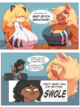abs anthro athletic_wear bra breasts clothing exercise female group muscular profanity shirt sports_bra tank_top text topwear underwear weightlifting workout alexander_clambel carmilla_cerna kara_mel mei_li_(zodiac_hotel) felid lagomorph mammal pantherine 3:4 english_text hi_res