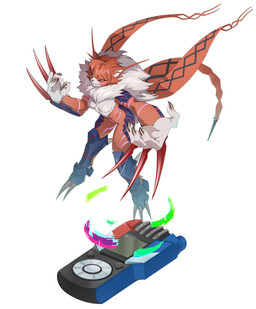 antennae_(anatomy) anthro armor body_armor boots breasts chest_tuft claw_(weapon) claws clothing digivice featureless_breasts female footwear fur gauntlet_blades gauntlet_claws gauntlets gauntlets_(weapon) gloves handwear markings melee_weapon multicolored_body orange_body orange_fur purple_markings red_eyes shoes smile smirk solo stinger stinger_tail tail toe_claws tuft weapon white_hands white_tuft liecomj bandai_namco digimon digimon_ghost_game digimon_tri digimon_xros_wars digimon_(species) domestic_cat felid feline felis maine_coon mammal meicrackmon meicrackmon_vicious_mode absurd_res hi_res