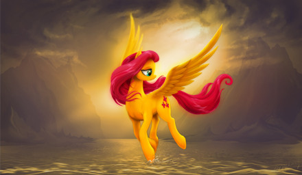 cloud cutie_mark feathered_wings feathers female feral flying green_eyes hair landscape looking_back mountain nature outside red_hair sky solo spread_wings sun water wings yellow_body yellow_feathers empalu friendship_is_magic hasbro my_little_pony mythology fluttershy_(mlp) equid equine mammal mythological_creature mythological_equine pegasus 2016 hi_res
