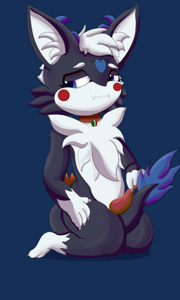 anthro black_body black_fur blue_eyes blue_horn blush claws collar erection fur genitals hair horn male nude penis presenting red_collar smile solo tail lawealewd mythology lawealewd_(character) dragon mythological_creature mythological_scalie scalie 2026 3:5 absurd_res alpha_channel hi_res