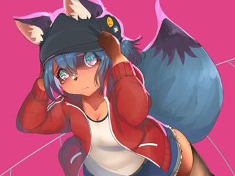 anthro black_body black_fur black_hair blue_body blue_eyes blue_fur blue_hair blush breasts brown_body brown_fur clothed clothing female fingers fluffy fluffy_tail fully_clothed fur furgonomics hair hat headgear headwear inner_ear_fluff jacket looking_at_viewer multicolored_body multicolored_fur multicolored_hair open_clothing open_jacket open_topwear pink_eyes short_hair solo tail topwear tuft neko_kaminari80 brand_new_animal studio_trigger michiru_kagemori canid canine mammal raccoon_dog tanuki 2020