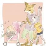 anthro bottomwear brown_body brown_fur clothed clothing fully_clothed fur green_eyes grey_body grey_fur group hoodie hotpants looking_at_another pacifier pink_background purple_eyes shorts simple_background sitting stroller tan_body tan_fur topwear aomaroo disney zootopia finnick_(zootopia) judy_hopps nick_wilde canid canine fennec_fox fox lagomorph leporid mammal rabbit red_fox true_fox 1:1