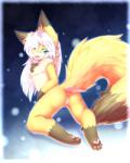 anthro big_ears biped black_markings butt chest_tuft female fur genitals green_eyes hair kemono kneeling long_hair looking_at_viewer looking_back markings nude open_mouth pawpads paws pussy rear_view solo tuft white_hair yellow_body yellow_fur hazukikai noel_(hazukikai) canid canine fox mammal 4:5 digital_media_(artwork) hi_res shaded