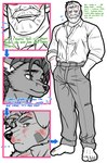 age_difference anthro bandage barazoku barefoot bottomwear clothing dialogue fangs feet floppy_ears hair hand_in_pocket long_hair male male/male older_male open_mouth pants pockets shirt teeth text topwear cl.rudolph mythology dolan_rudolph_wade garth_mentzel_monroe mr.horton canid canine fox human mammal mythological_canine mythological_creature werecanid werecanine werecreature werewolf absurd_res comic english_text hi_res