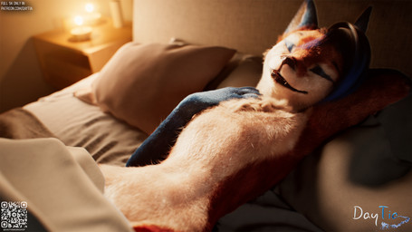 anthro bed bedding bedroom blanket blue_body blue_claws blue_fur candle chest_markings claws close-up detailed_fur fluffy fluffy_tail fur fur_texture furniture hair happy head_tilt inner_ear_fluff looking_at_viewer male markings multicolored_hair one_eye_visible orange_lighting pawpads red_body red_fur relaxed_expression simple_background soft_lighting solo tail tail_focus tuft daytia rexouium 16:9 3d_(artwork) cinema_4d_(artwork) detailed digital_media_(artwork) hi_res widescreen