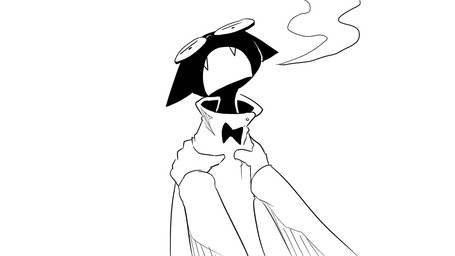 ambiguous_gender anthro bow_tie clothing coat duo fangs holding_shoulder lab_coat male sigh teeth tired topwear dragonweirdo gytras_(dragonweirdo) kimera_(dragonweirdo) canid canine canis domestic_cat felid feline felis mammal wolf 16:9 hi_res monochrome widescreen