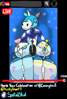 animal_genitalia animal_penis big_butt blue_body blue_skin bodily_fluids butt clothed clothed_sex clothing cum cum_inside equine_genitalia equine_penis eyelashes eyes_closed eyeshadow female genital_fluids genitals group happy happy_sex heart_after_text heart_symbol hearts_around_head horn kd_hub kiss_mark leaking_anus leaking_cum leaking_penis leaking_vagina lipstick makeup male male/female mirrored_pose onomatopoeia penis porn_star porn_video raised_tail sex shaking_butt sound_effects tail teapot text trio unicorn_horn white_body klutzatdusk animal_crossing nintendo pornhub chai_(animal_crossing) julian_(animal_crossing) tia_(animal_crossing) elephant elephantid equid equine horse mammal proboscidean hi_res