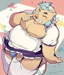 anthro belly blue_hair brown_body brown_fur bulge clothed clothing crossdressing detailed_bulge fur hair legwear male musclegut muscular nipples one_eye_closed panties pecs solo stockings suspenders underwear wink umekemo42 lifewonders tokyo_afterschool_summoners ganglie_(tas) mammal suid suina sus_(pig) wild_boar hi_res